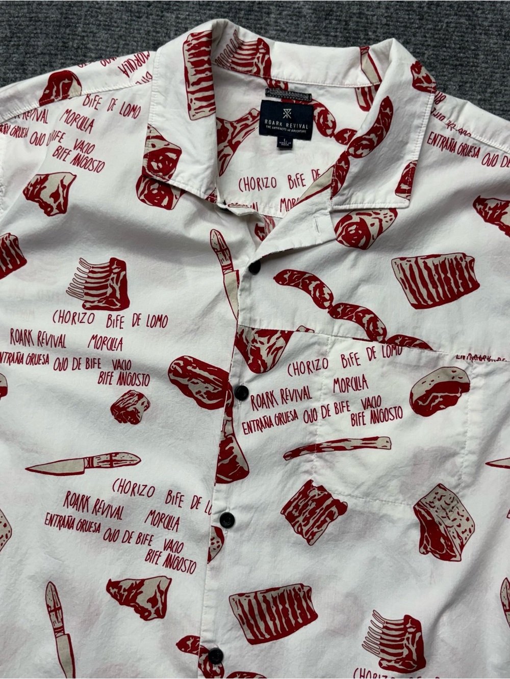 Roark Revival Shirt Mens L White Meat Print Chorizo Bife Knife 100% Cotton